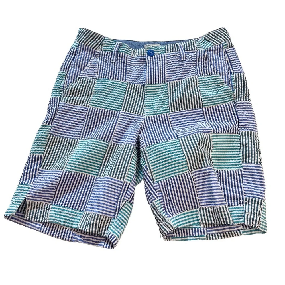 LL Bean Lakewashed Blue‎ Green Seersucker Plaid Chino Bermuda Shorts Size 6